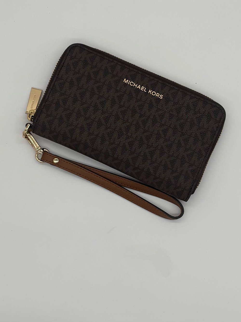 Michael Kors Brown MK Logo Zip-Around Wristlet with Gold Hardware